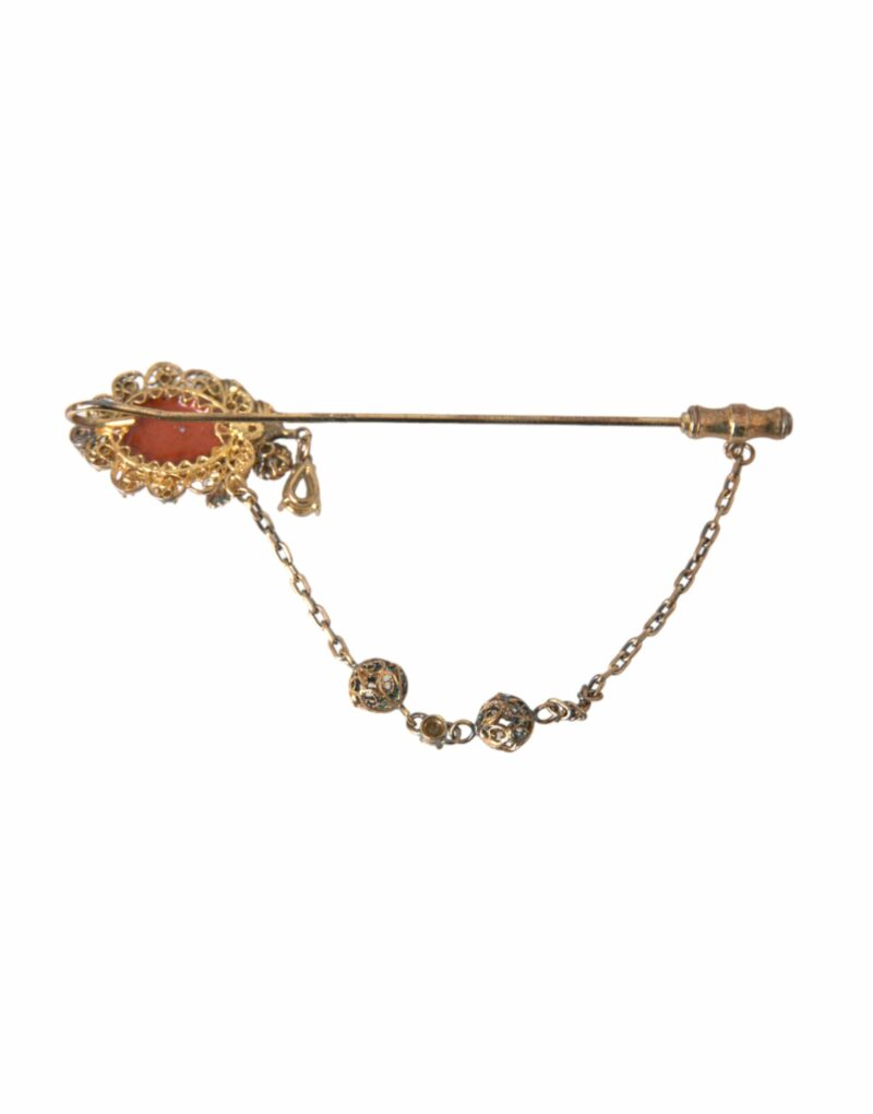 Dolce & Gabbana Gold Brass Crystal Chain 925 Sterling Silver Pin Brooch - Image 4