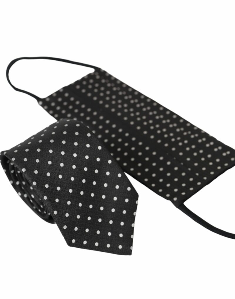 Dolce & Gabbana Black White Polka Dots 100% Silk Necktie Face Mask - Image 2