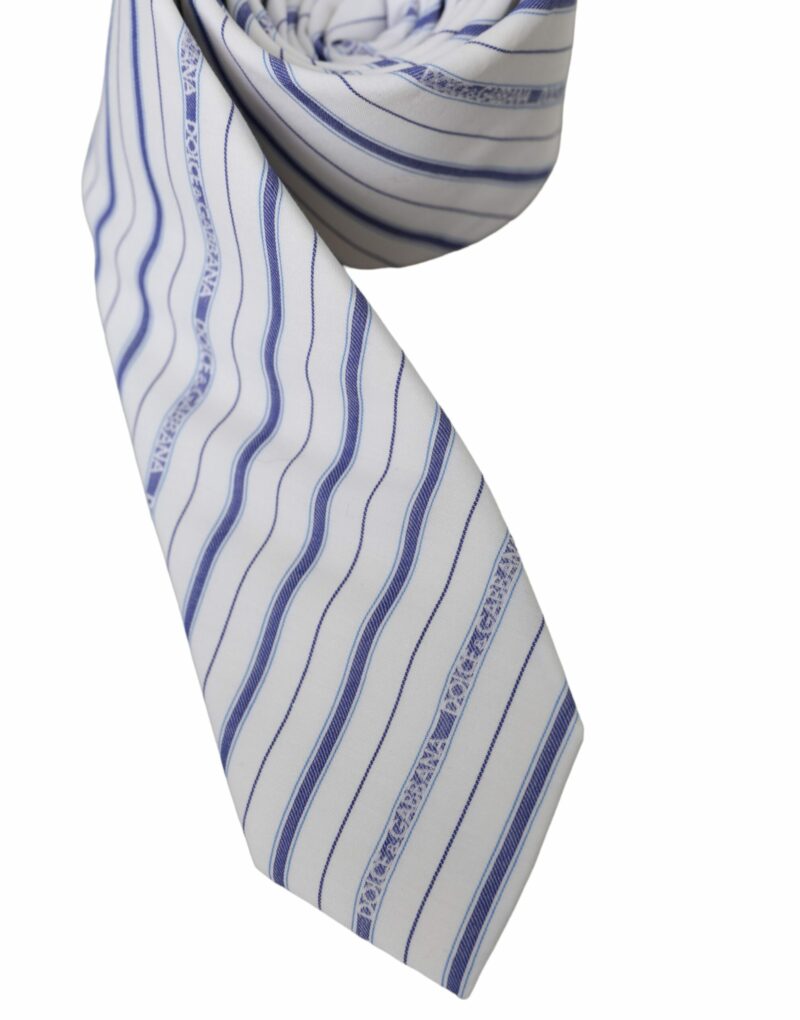 Dolce & Gabbana White Blue Stripes Silk Adjustable Tie - Image 2