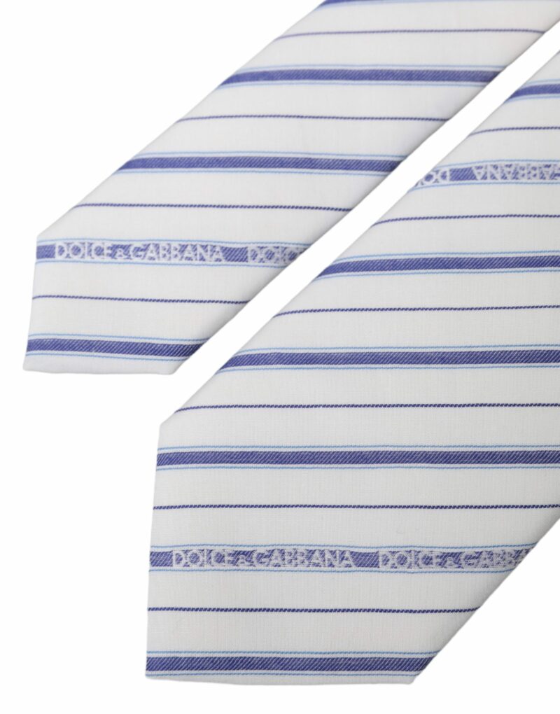 Dolce & Gabbana White Blue Stripes Silk Adjustable Tie - Image 4