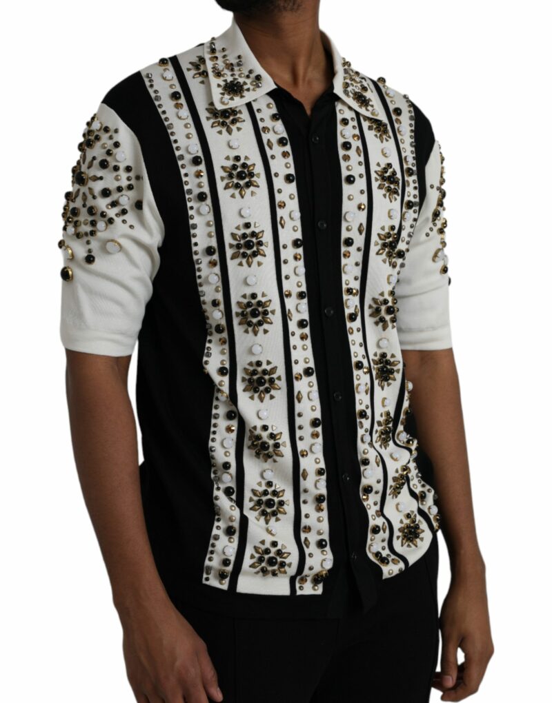 Dolce & Gabbana White Black Silk Studded Stone Crystal Shirt - Image 2