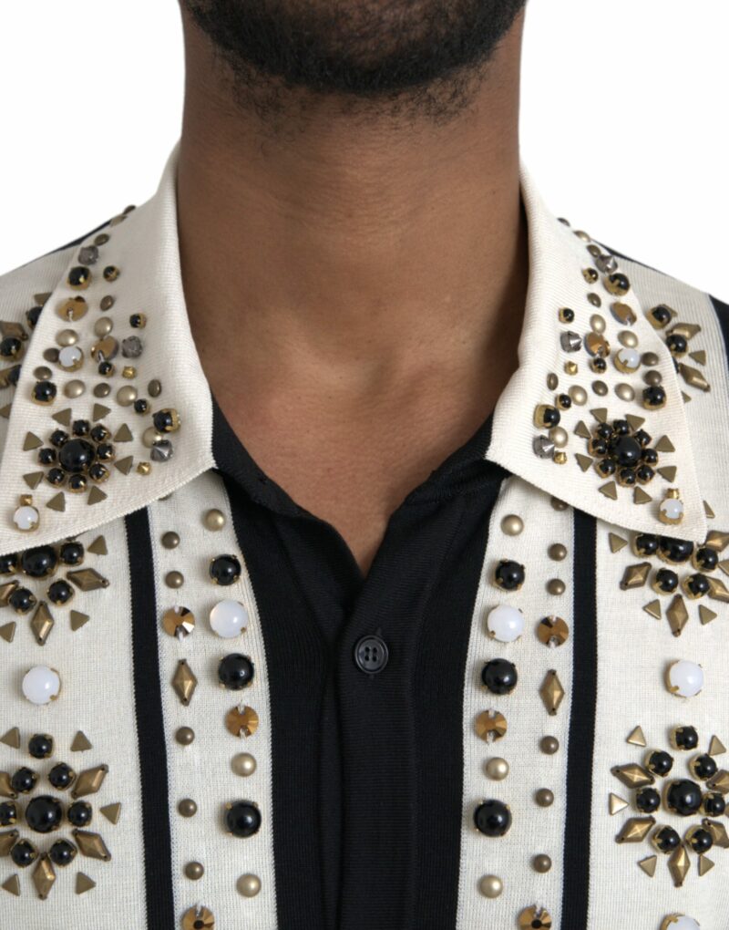 Dolce & Gabbana White Black Silk Studded Stone Crystal Shirt - Image 4