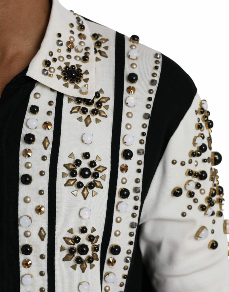Dolce & Gabbana White Black Silk Studded Stone Crystal Shirt - Image 5