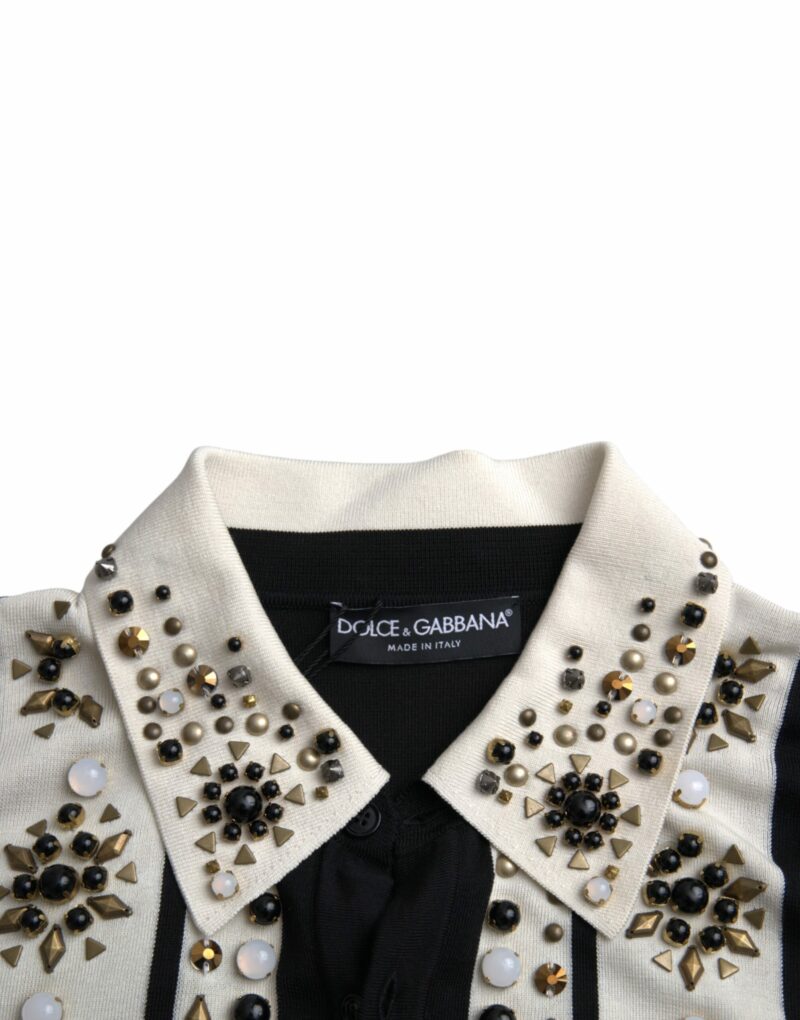 Dolce & Gabbana White Black Silk Studded Stone Crystal Shirt - Image 6