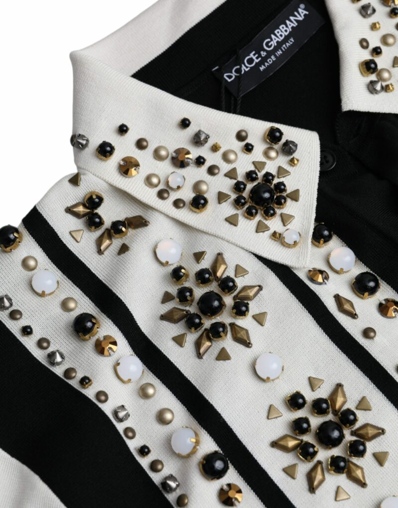 Dolce & Gabbana White Black Silk Studded Stone Crystal Shirt - Image 7