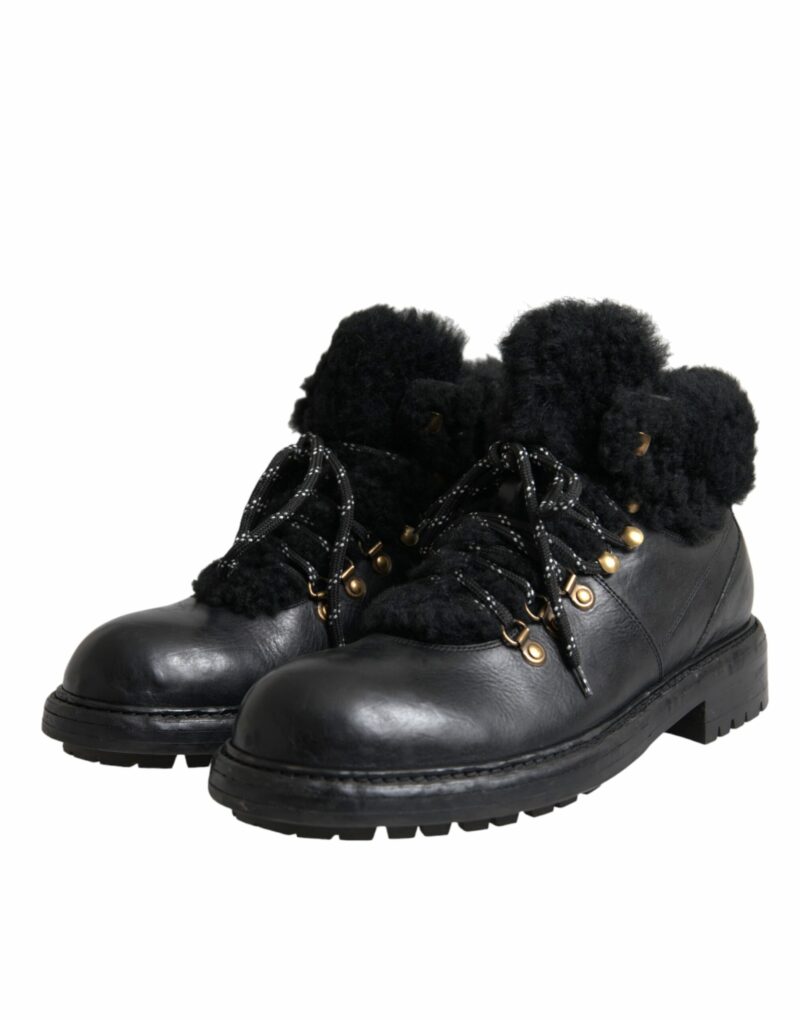 Dolce & Gabbana Black Leather Bernini Shearling Boots Shoes - Image 3