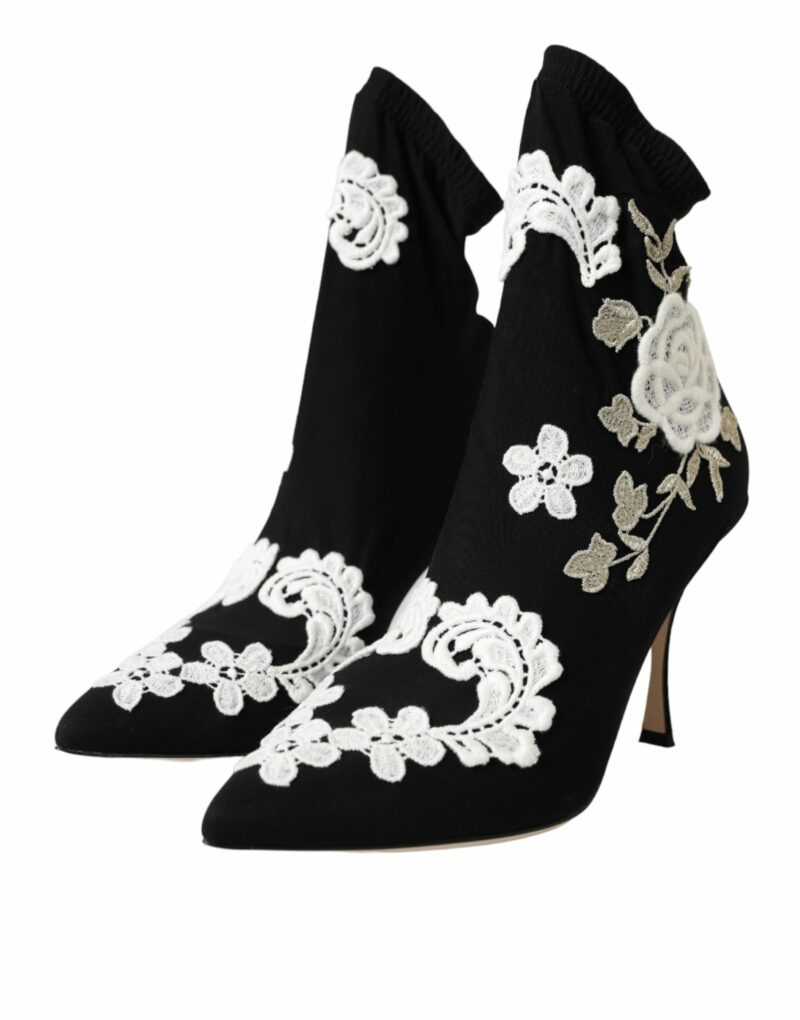 Dolce & Gabbana Black White Embroidery Slip On Boots Shoes - Image 3