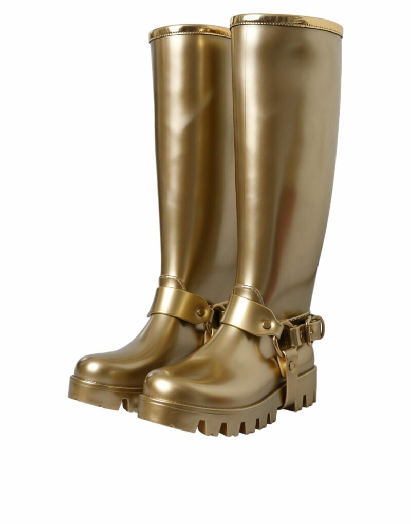 Dolce & Gabbana Metallic Gold Rubber PVC Rain Boots Shoes - Image 3