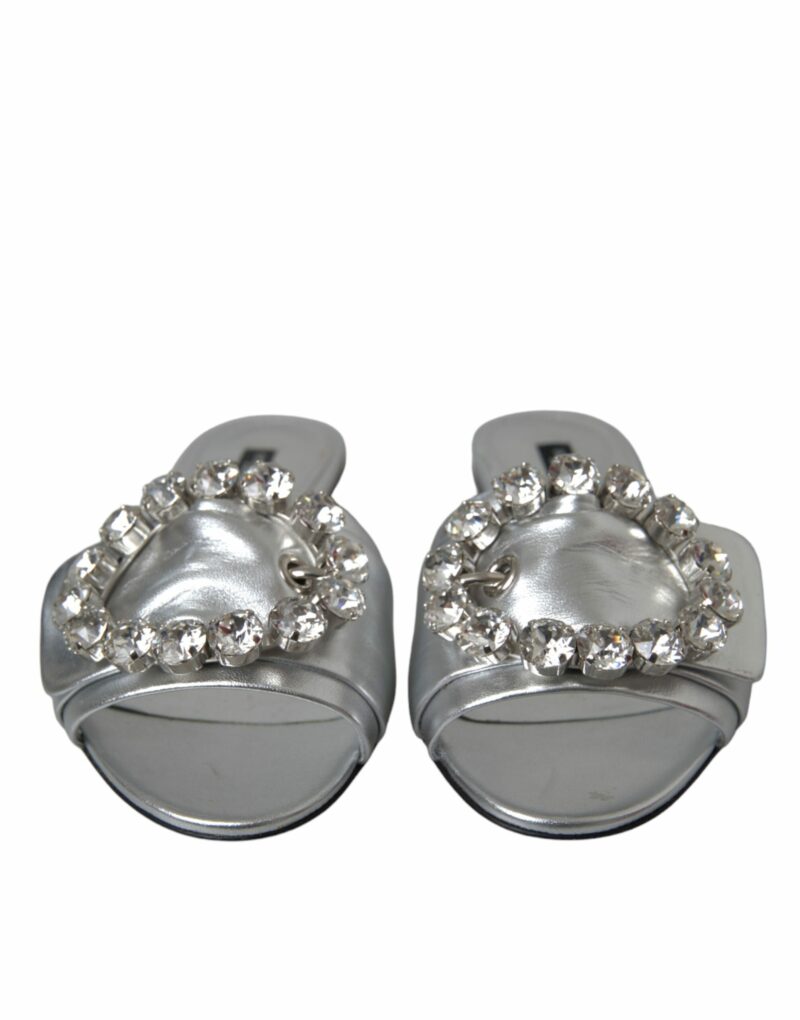 Dolce & Gabbana Silver Crystal Leather Flats Sandals Shoes - Image 2