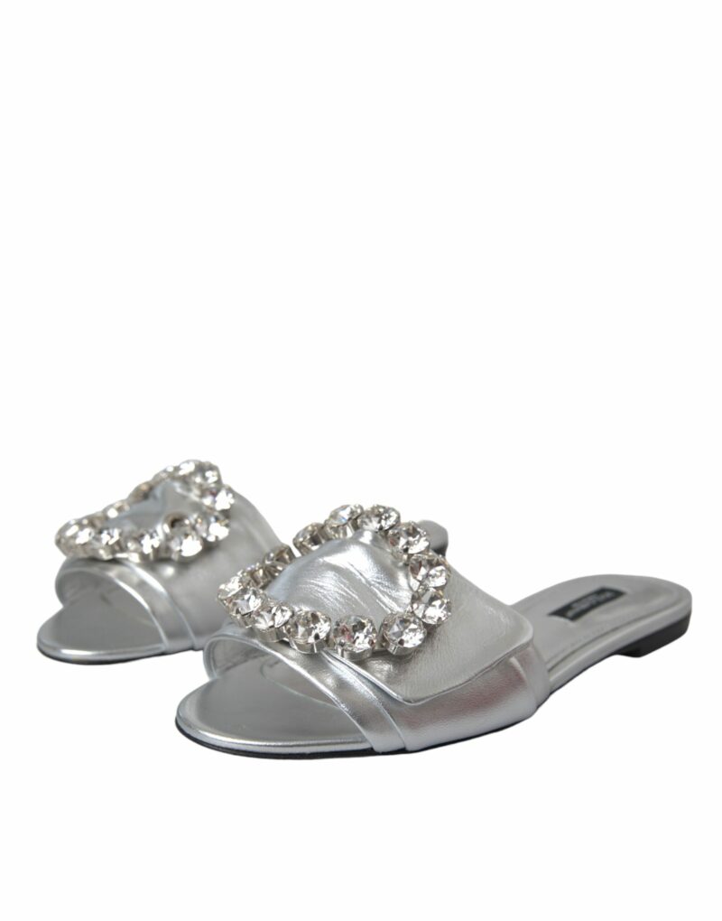 Dolce & Gabbana Silver Crystal Leather Flats Sandals Shoes - Image 3