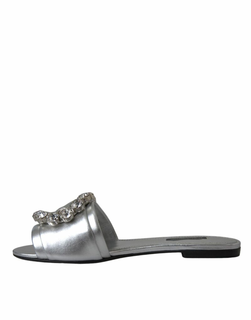 Dolce & Gabbana Silver Crystal Leather Flats Sandals Shoes - Image 5