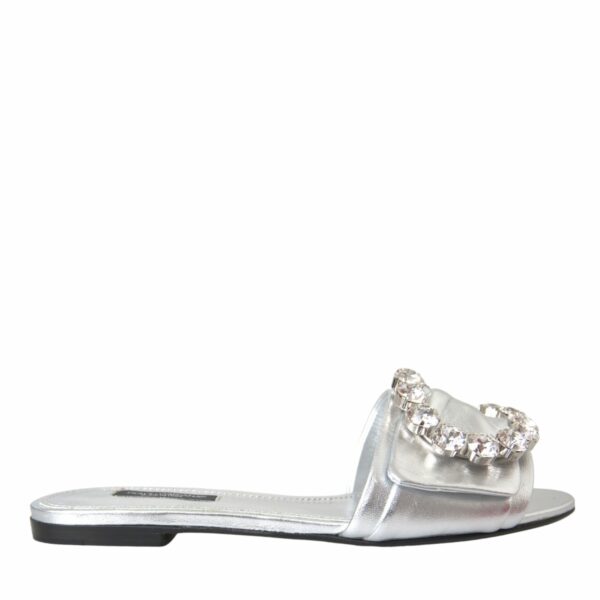 Dolce & Gabbana Silver Crystal Leather Flats Sandals Shoes