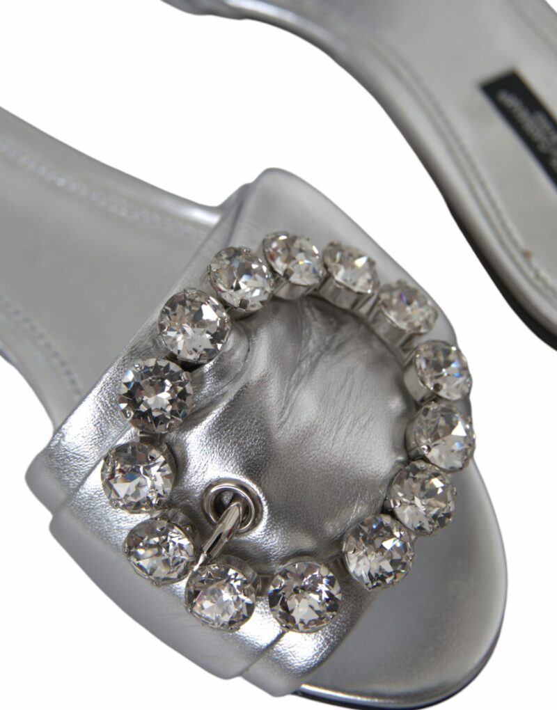 Dolce & Gabbana Silver Crystal Leather Flats Sandals Shoes - Image 7