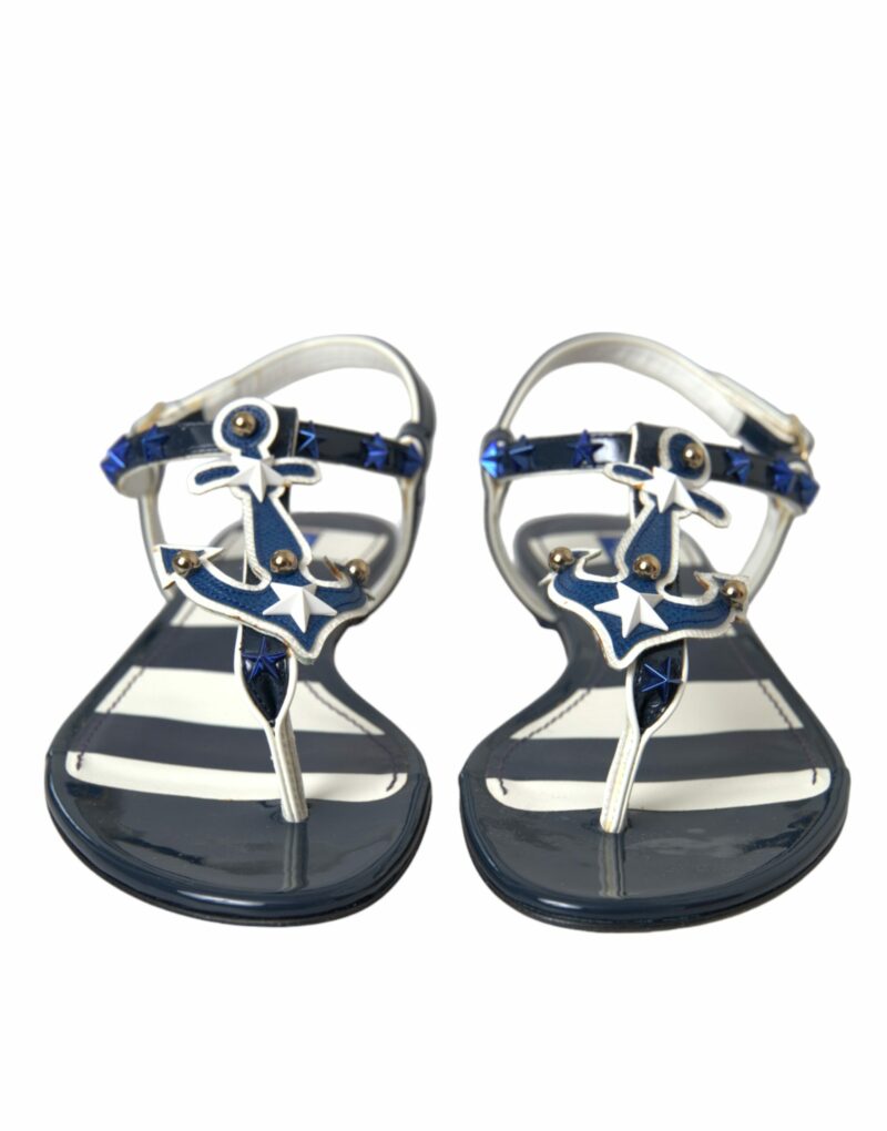 Dolce & Gabbana Blue Stripes Leather Studded Flats Sandals Shoes - Image 2