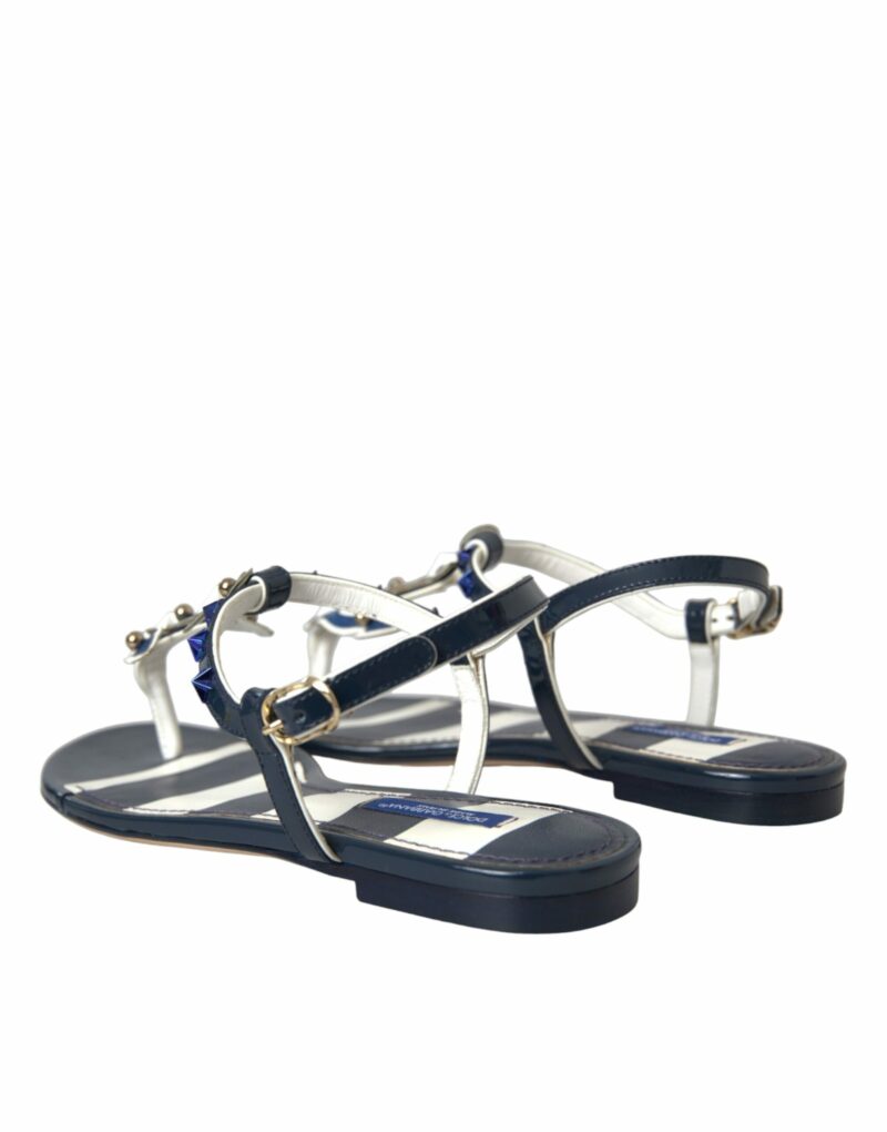 Dolce & Gabbana Blue Stripes Leather Studded Flats Sandals Shoes - Image 4