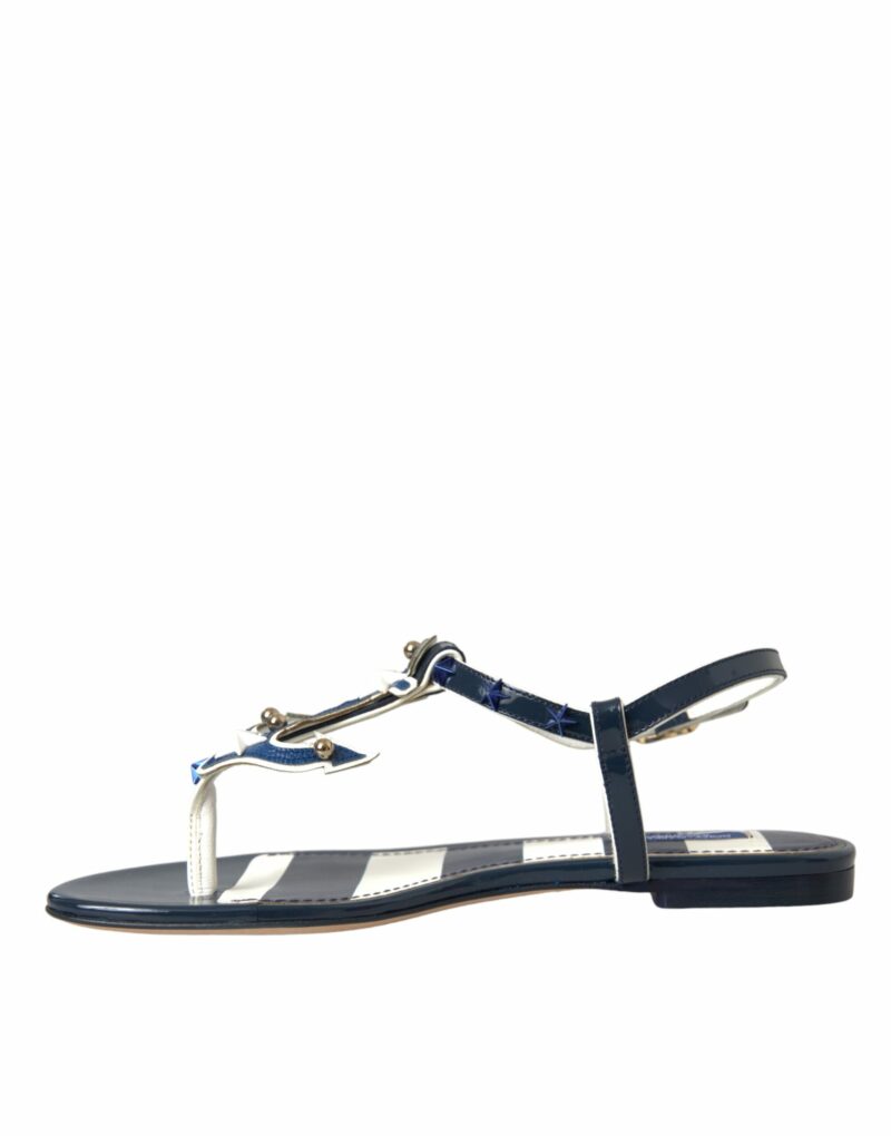 Dolce & Gabbana Blue Stripes Leather Studded Flats Sandals Shoes - Image 5