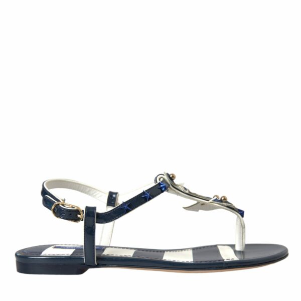 Dolce & Gabbana Blue Stripes Leather Studded Flats Sandals Shoes
