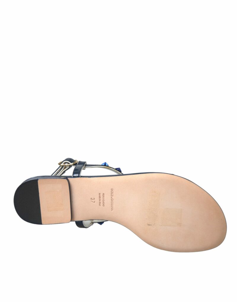 Dolce & Gabbana Blue Stripes Leather Studded Flats Sandals Shoes - Image 6