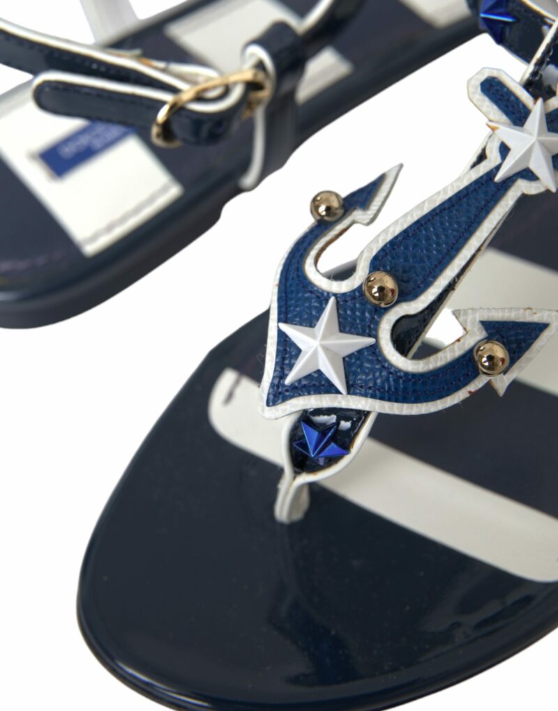 Dolce & Gabbana Blue Stripes Leather Studded Flats Sandals Shoes - Image 7