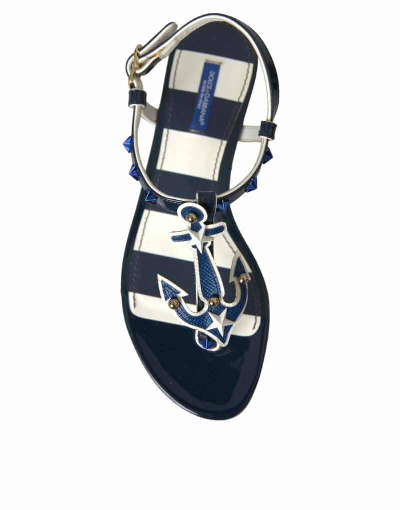 Dolce & Gabbana Blue Stripes Leather Studded Flats Sandals Shoes - Image 8