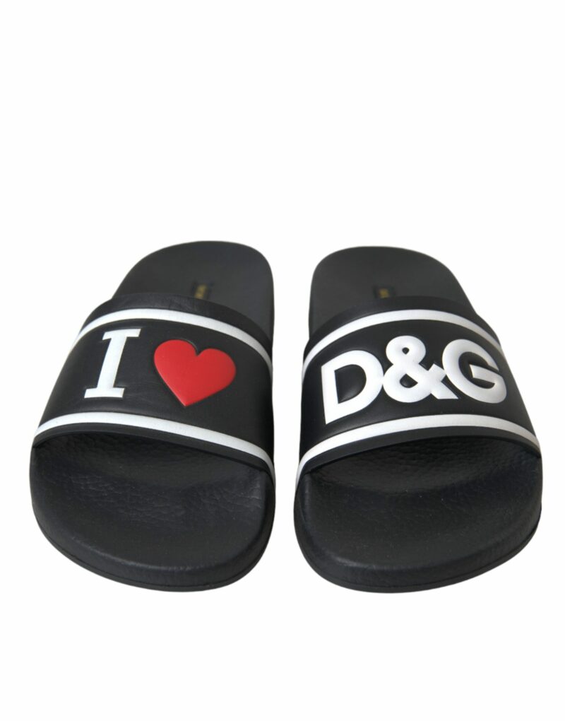 Dolce & Gabbana Black Leather I Love D&G Sandals Slides Shoes - Image 2