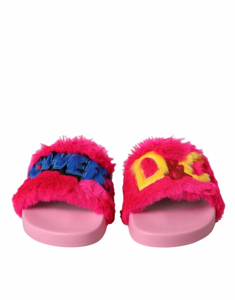 Dolce & Gabbana Multicolor Embroidered Fur Slides Sandals Shoes - Image 2