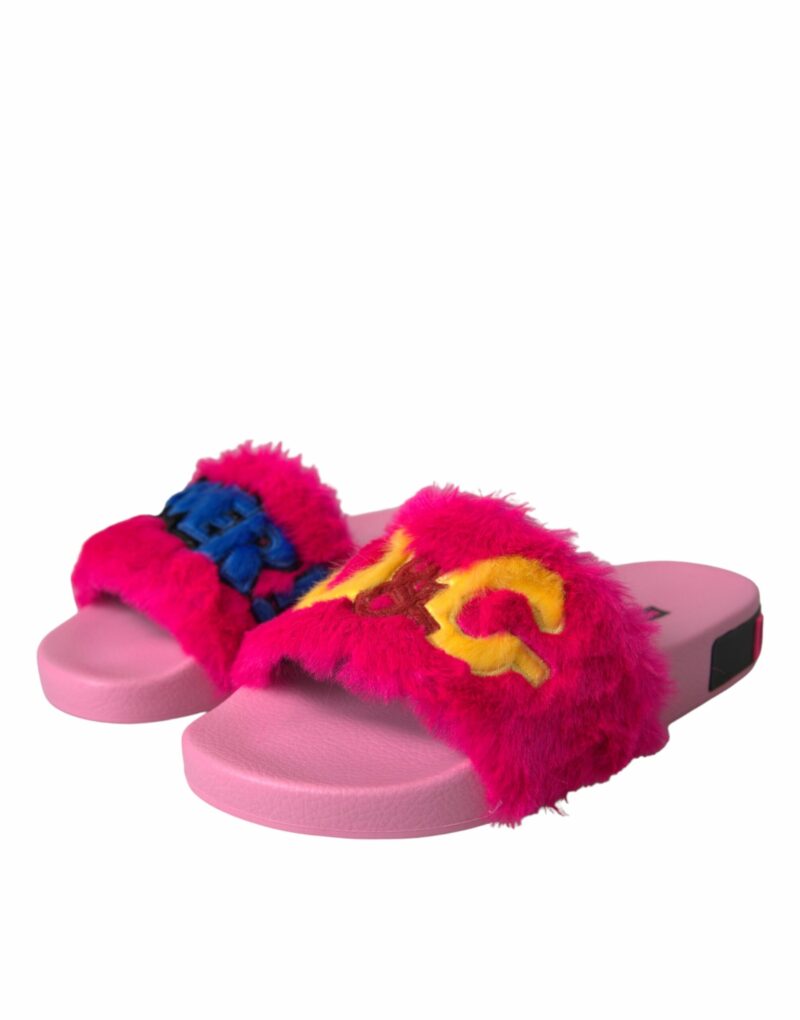 Dolce & Gabbana Multicolor Embroidered Fur Slides Sandals Shoes - Image 3