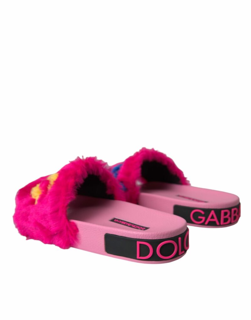 Dolce & Gabbana Multicolor Embroidered Fur Slides Sandals Shoes - Image 4