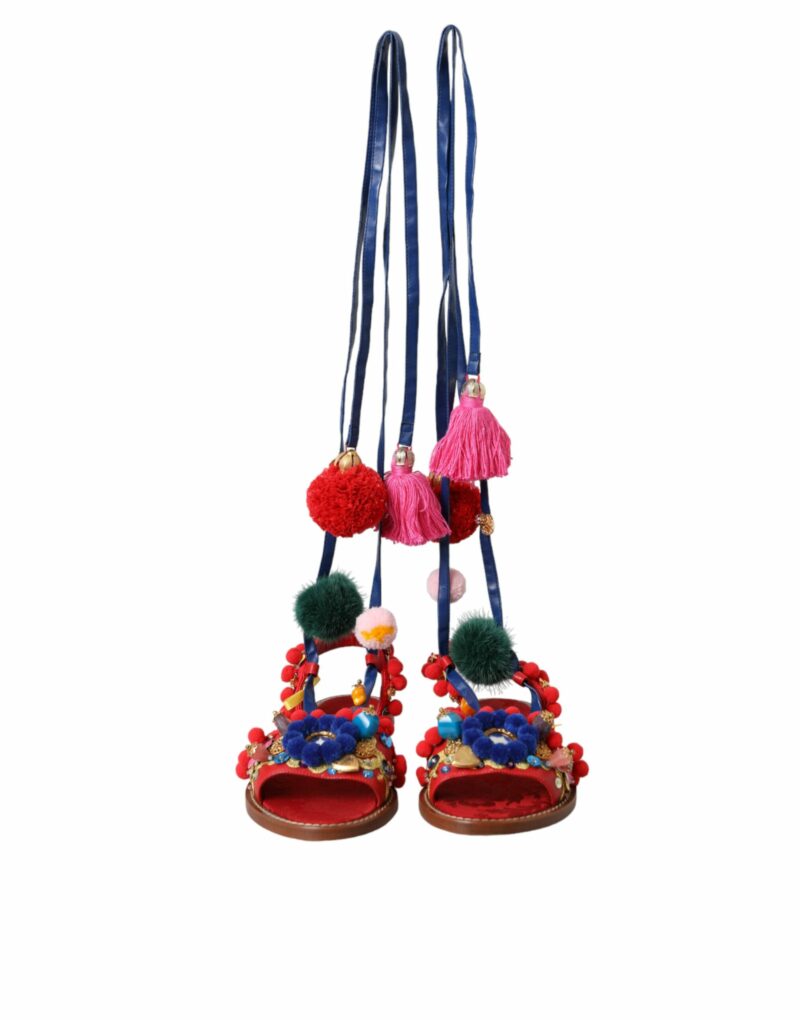 Dolce & Gabbana Multicolor Pom Pom Fur Wrap Sandals Shoes - Image 2
