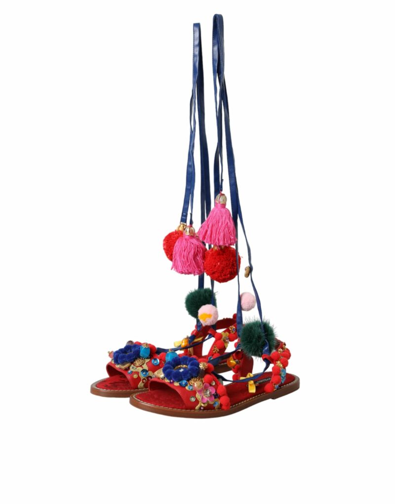 Dolce & Gabbana Multicolor Pom Pom Fur Wrap Sandals Shoes - Image 3