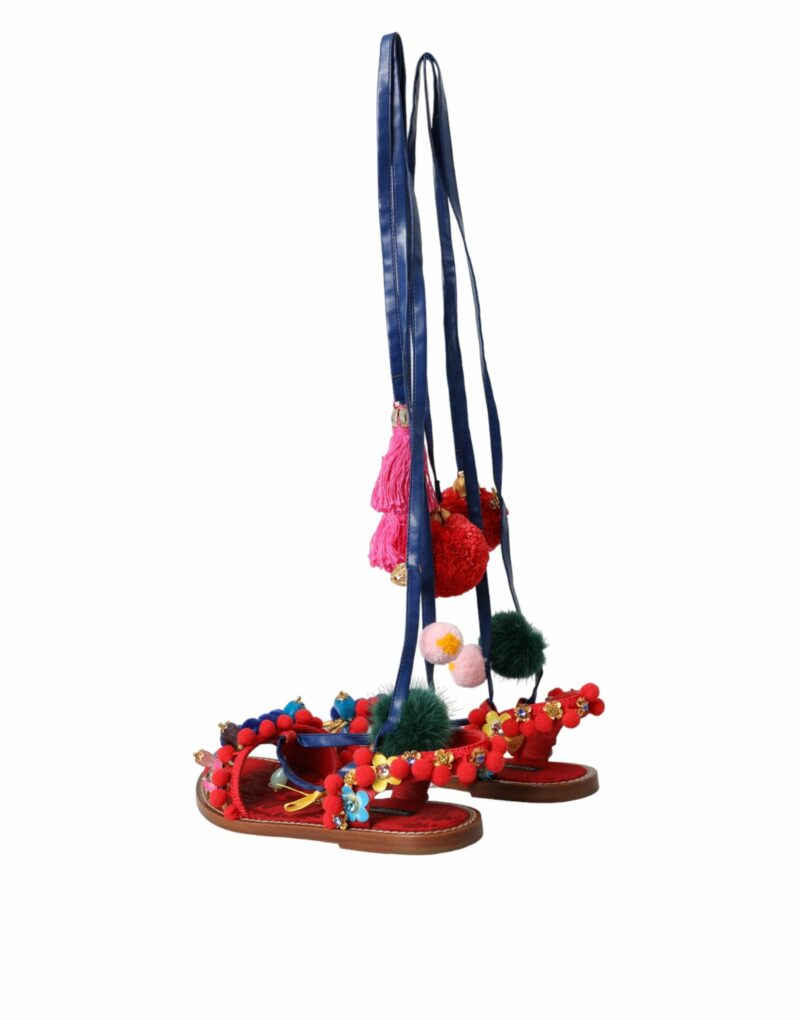 Dolce & Gabbana Multicolor Pom Pom Fur Wrap Sandals Shoes - Image 4