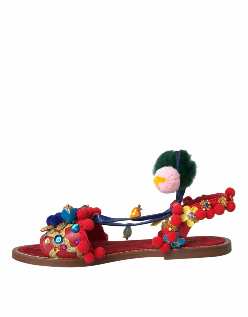 Dolce & Gabbana Multicolor Pom Pom Fur Wrap Sandals Shoes - Image 5