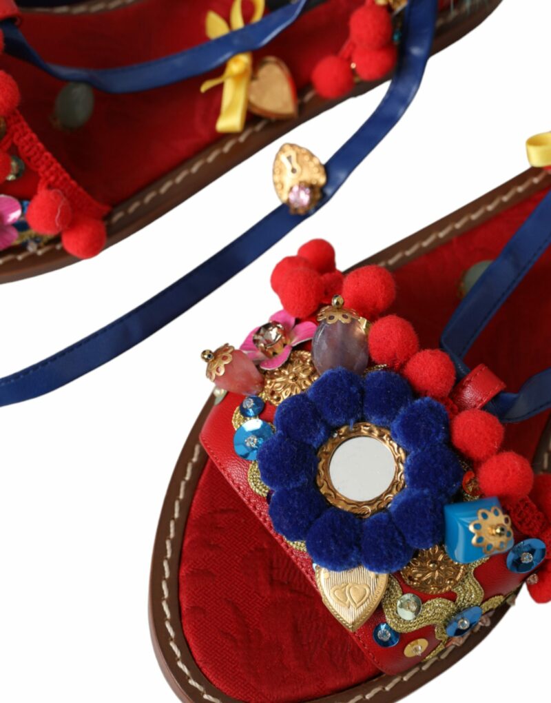 Dolce & Gabbana Multicolor Pom Pom Fur Wrap Sandals Shoes - Image 7