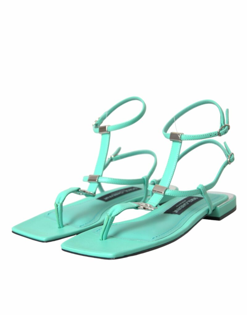 Dolce & Gabbana Aqua Green Leather Ankle Strap Flats Sandals Shoes - Image 3