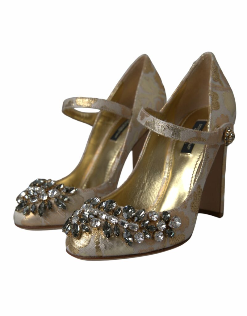 Dolce & Gabbana Gold Jacquard Crystal Mary Janes Pumps Shoes - Image 3