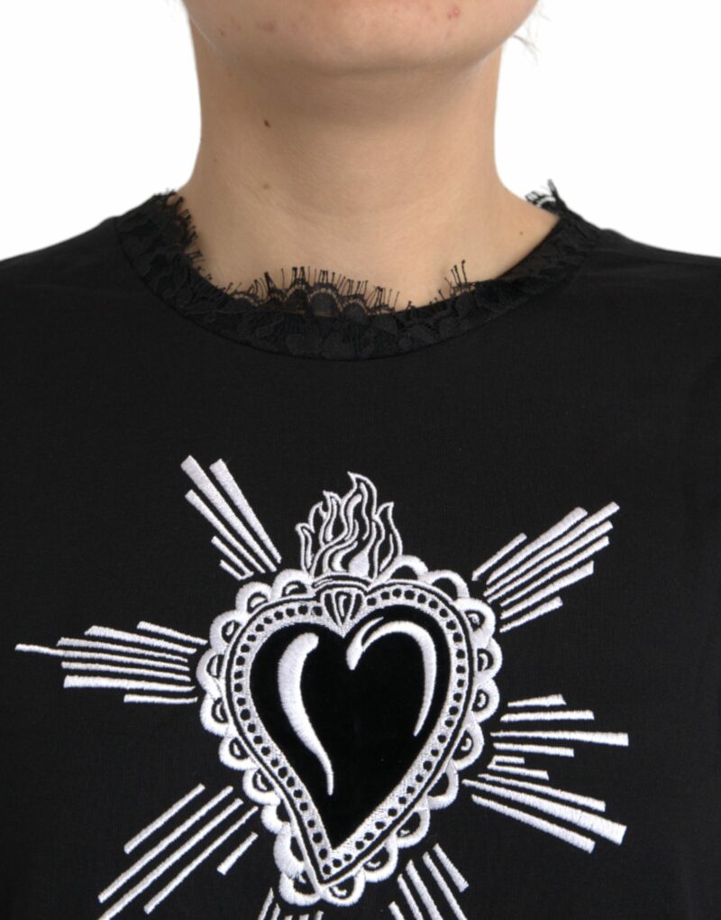 Dolce & Gabbana Black Sacred Heart Print Cotton Lace T-shirt - Image 3
