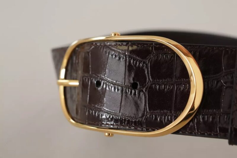 Dolce & Gabbana Brown Crocodile Pattern Leather Gold Oval Buckle Belt - Image 6