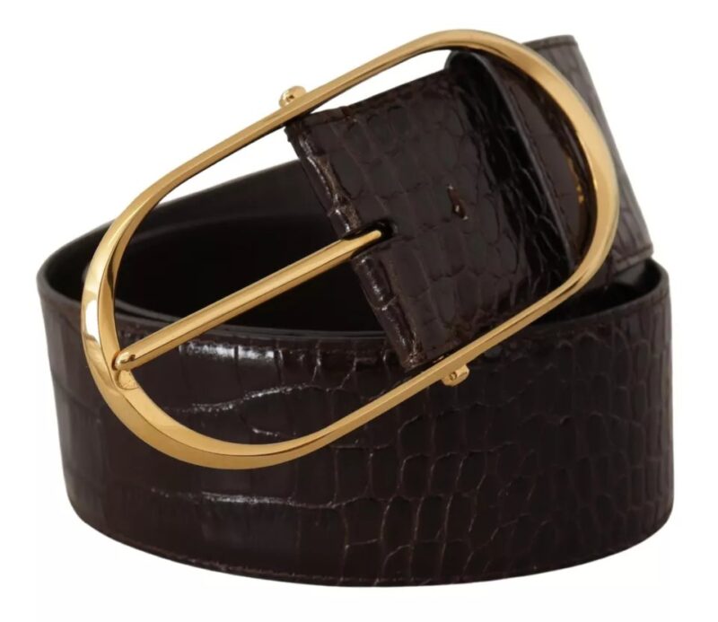 Dolce & Gabbana Brown Crocodile Pattern Leather Gold Oval Buckle Belt - Image 3
