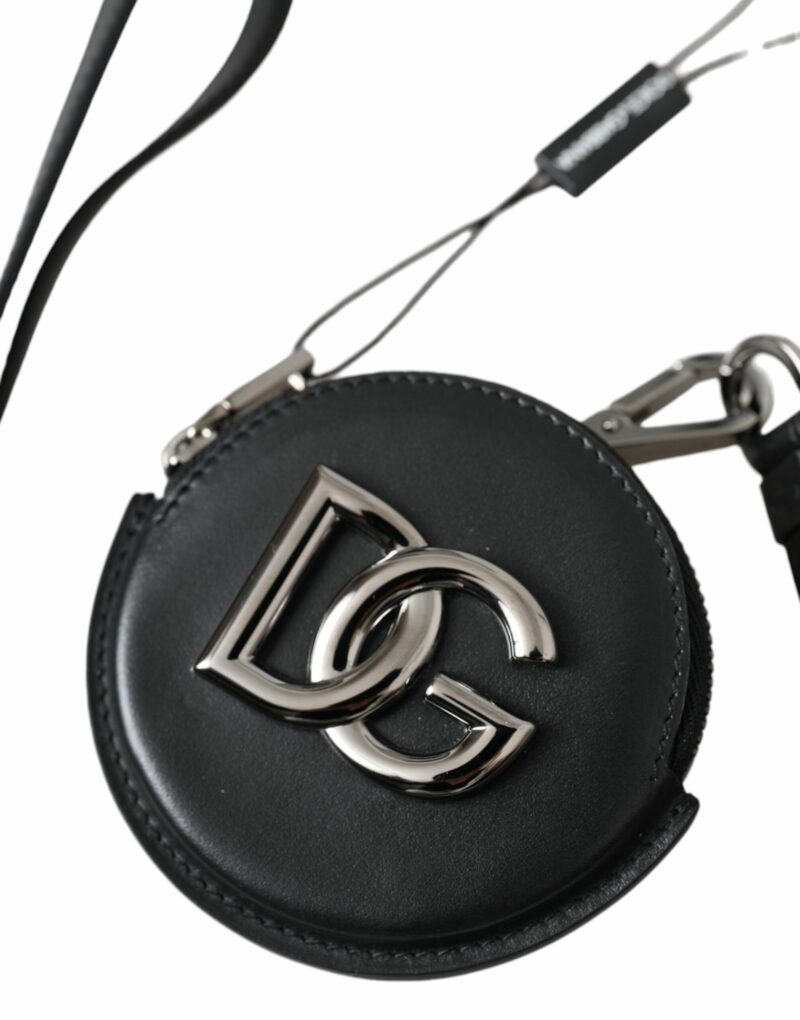 Dolce & Gabbana Black Round Leather DG Logo Coin Purse Lanyard Wallet - Image 2