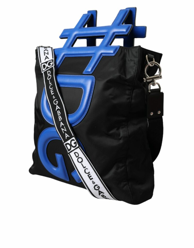 Dolce & Gabbana Black Nylon Blue Leather Hashtag Shopping Tote Bag - Image 3