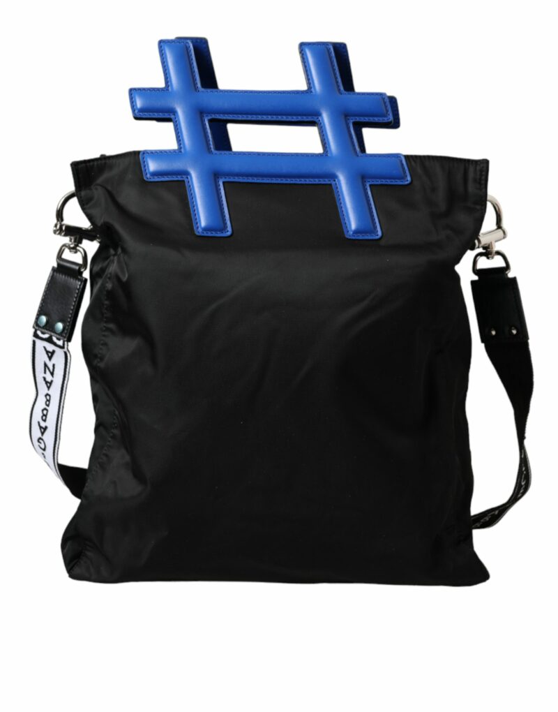 Dolce & Gabbana Black Nylon Blue Leather Hashtag Shopping Tote Bag - Image 4