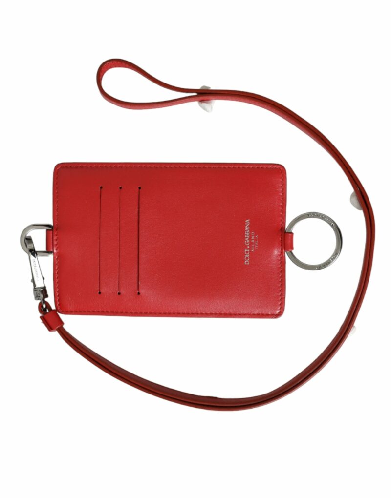 Dolce & Gabbana Red Calfskin Leather Lanyard Logo Card Holder Wallet - Image 2
