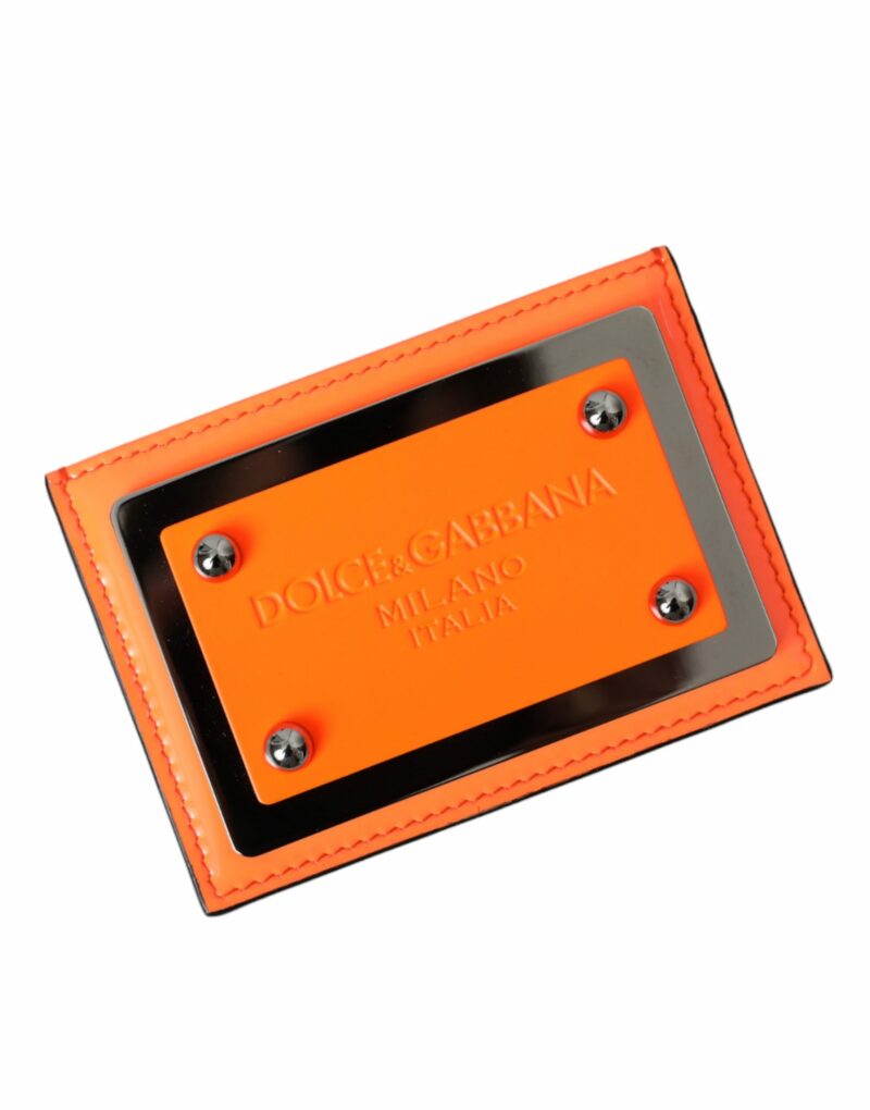 Dolce & Gabbana Orange Black Leather Logo Plaque Card Holder Wallet - Image 2