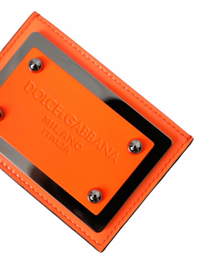 Dolce & Gabbana Orange Black Leather Logo Plaque Card Holder Wallet - Image 4