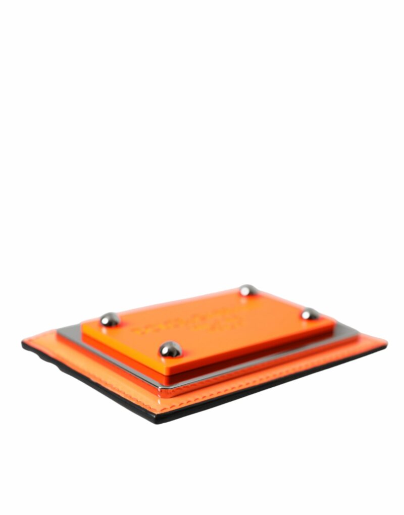 Dolce & Gabbana Orange Black Leather Logo Plaque Card Holder Wallet - Image 5
