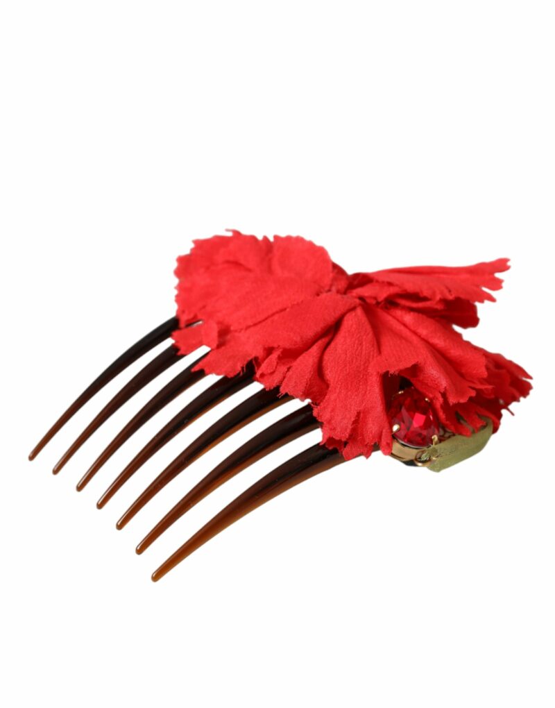 Dolce & Gabbana Red Silk Floral Gold Brass Women Hair Comb - Image 2