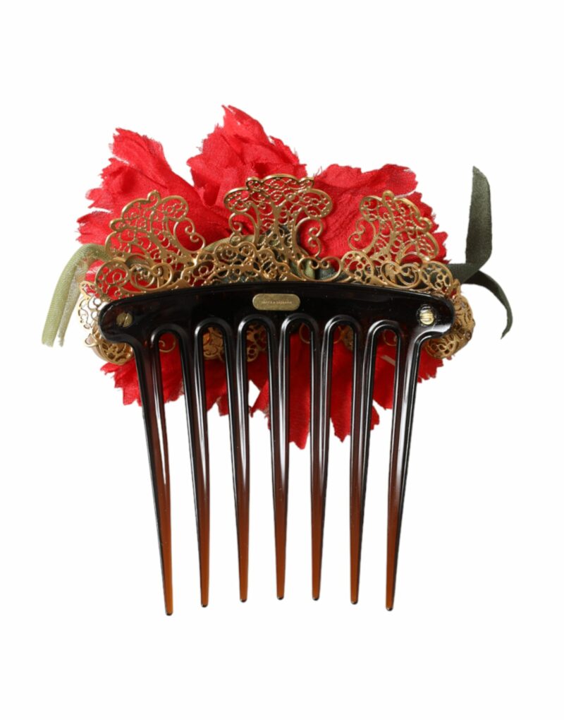 Dolce & Gabbana Red Silk Floral Gold Brass Women Hair Comb - Image 4