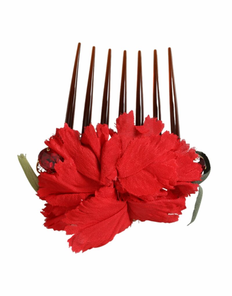 Dolce & Gabbana Red Silk Floral Gold Brass Women Hair Comb - Image 5