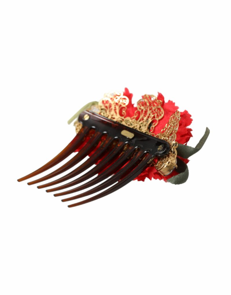 Dolce & Gabbana Red Silk Floral Gold Brass Women Hair Comb - Image 6