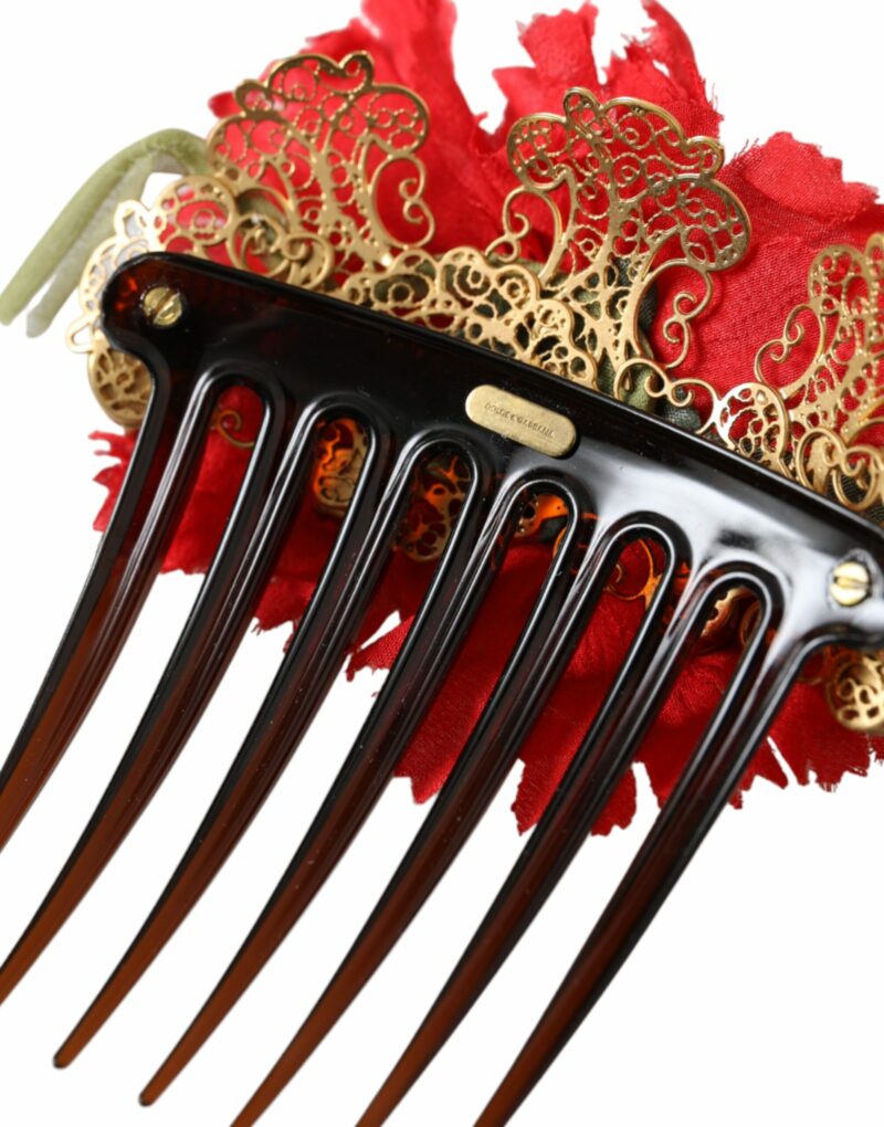 Dolce & Gabbana Red Silk Floral Gold Brass Women Hair Comb - Image 7